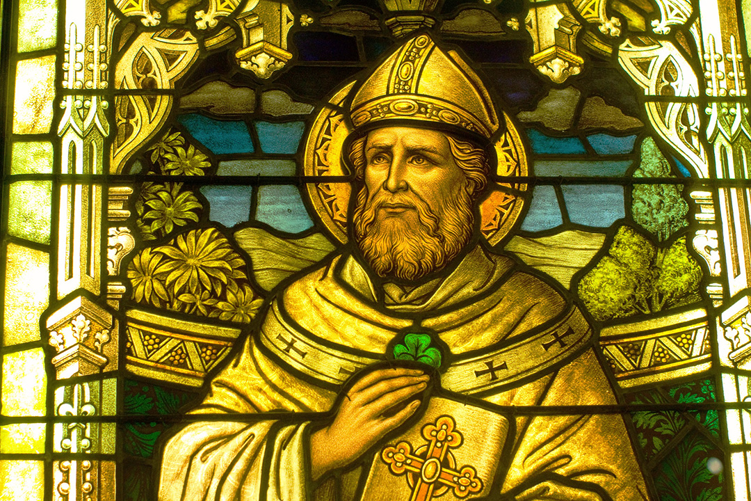 St Patrick depicted on stained glass